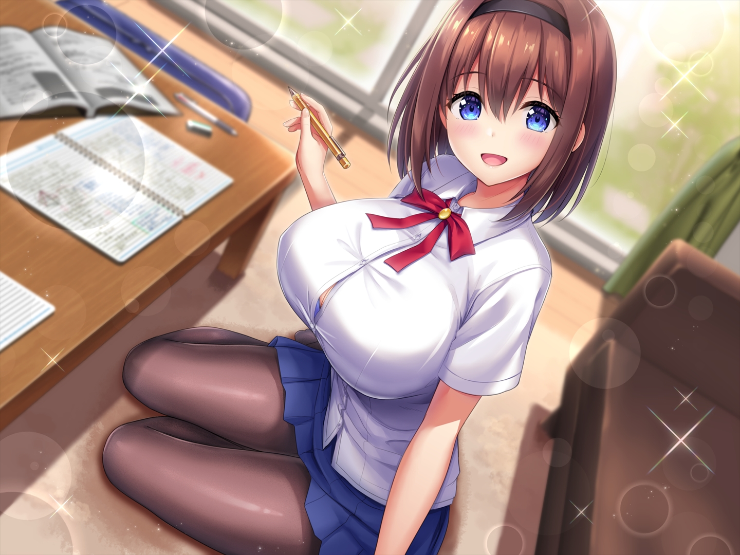 yago8 pp3, original, 1girl, :d, black hairband, black pantyhose, blue eyes, blue skirt, blurry, blurry background, blush, book, bra, breasts, brown hair, brown pantyhose, bursting breasts, button gap, collared shirt, couch, curtains, depth of field, dutch angle, eraser, hair between eyes, hairband, holding, huge breasts, indoors, large breasts, lens flare, light particles, looking at viewer, mechanical pencil, miniskirt, neck ribbon, notebook, open book, open mouth, pantyhose, pen, pencil, pencil case, pleated skirt, red ribbon, ribbon, rug, school uniform, shirt, short hair, short sleeves, sitting, skirt, smile, solo, sparkle, table, underwear, white shirt, window, yokozuwari