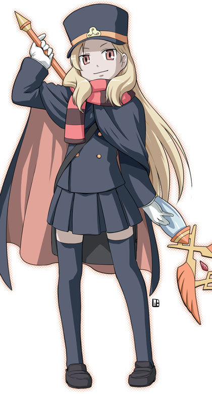 nagian, chiaki (shigofumi), matoma, shigofumi, 00s, 1girl, blonde hair, cape, female focus, full body, hat, long hair, red eyes, scarf, shako cap, skirt, solo, staff, standing, striped clothes, striped scarf, thighhighs, zettai ryouiki