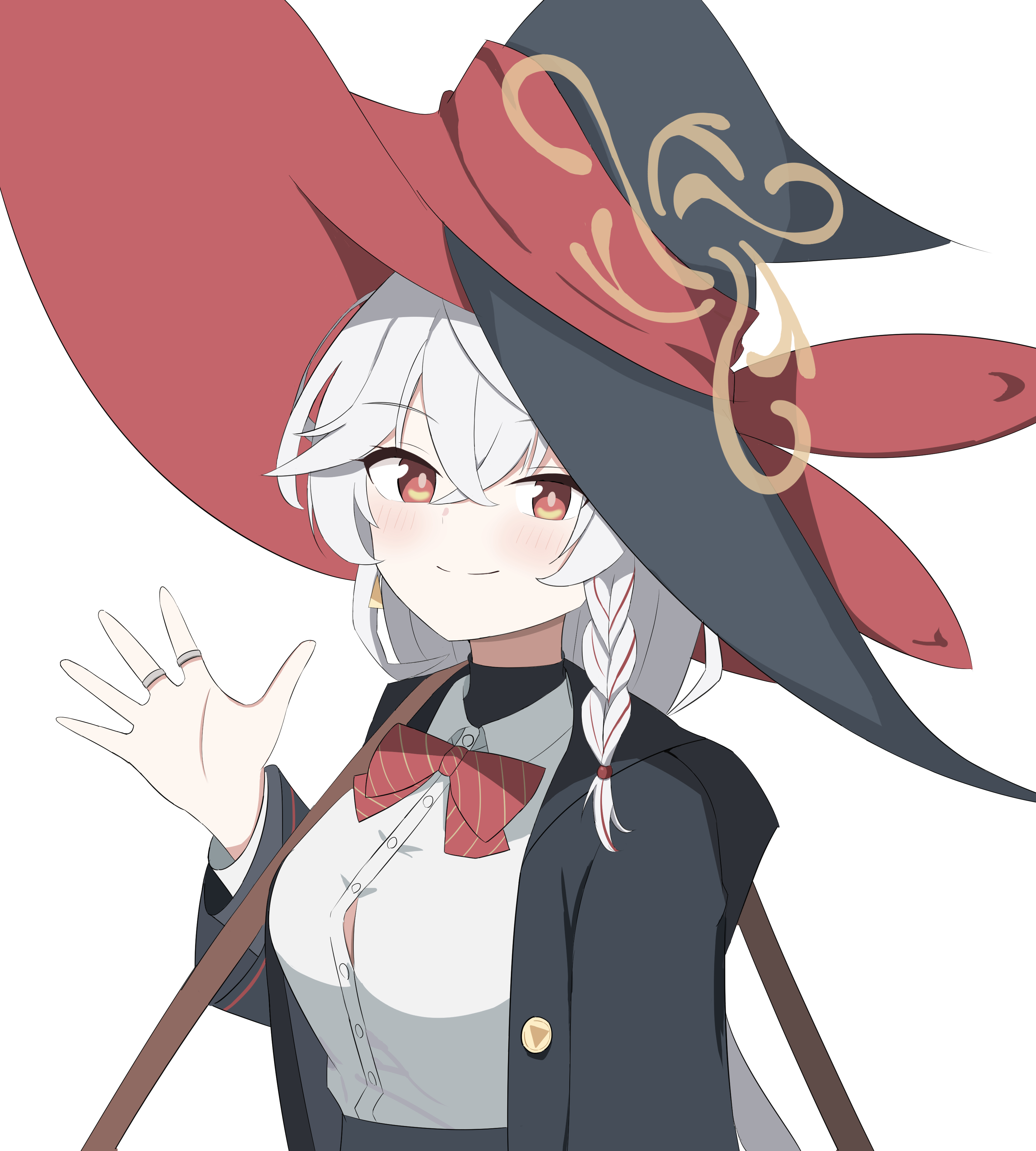eri (blue archive), blue archive, absurdres, highres, 1girl, black jacket, blush, bow, bowtie, braid, breasts, closed mouth, hat, jacket, jewelry, large breasts, looking at viewer, open clothes, open jacket, red eyes, ring, shirt, si shirono, smile, solo, upper body, white hair, white shirt, witch hat
