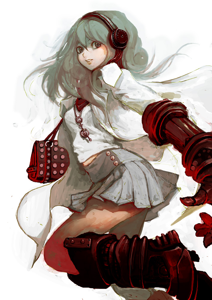 saitou shunsuke, shun, original, 1girl, bag, female focus, gloves, grey hair, handbag, headphones, solo