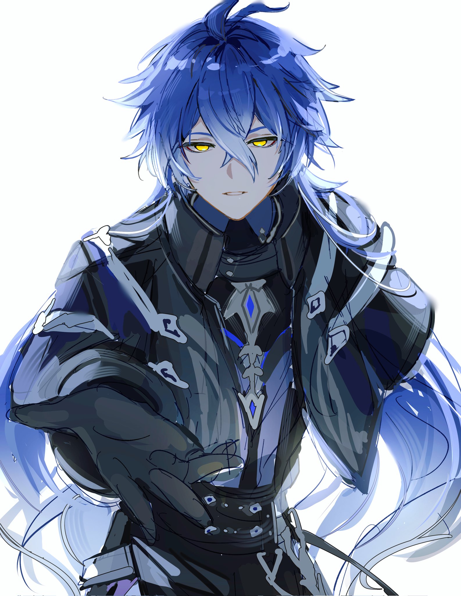 c ixxp, flins (genshin impact), genshin impact, highres, 1boy, black gloves, black jacket, black shirt, blue hair, crossed bangs, gloves, hair between eyes, jacket, long hair, long sleeves, looking at viewer, male focus, reaching, reaching towards viewer, shirt, simple background, solo, upper body, very long hair, white background, yellow eyes