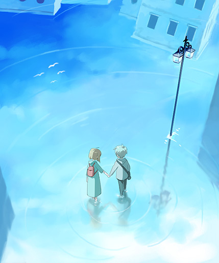 yohsuke (kanoto yousuke), yousuke, original, bad id, bad pixiv id, 1boy, 1girl, child, flood, holding hands, lamppost, reflection, ripples, wading, water