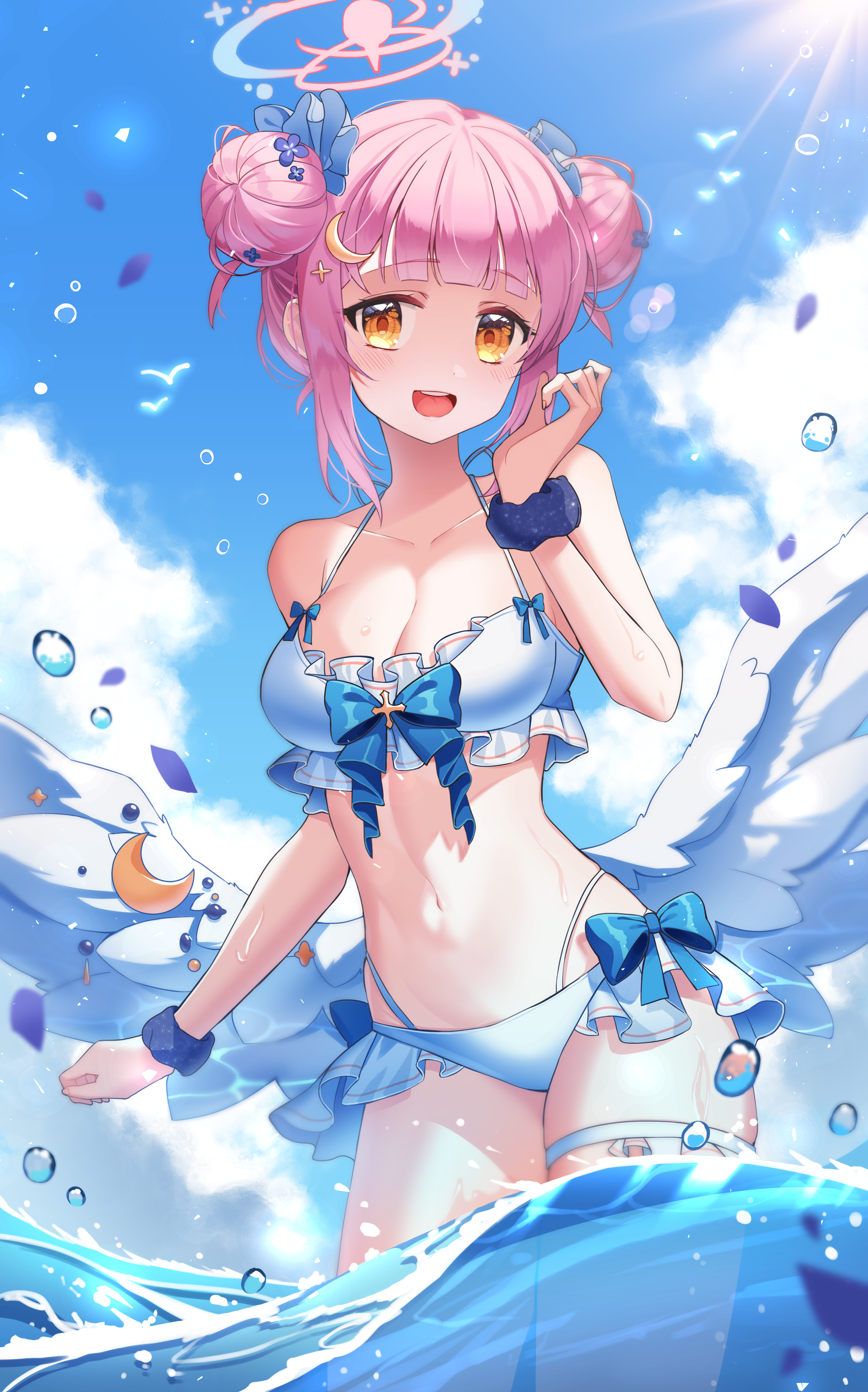 lovelykirby 125, mika (blue archive), blue archive, absurdres, highres, 1girl, alternate costume, alternate hairstyle, angel wings, bare shoulders, bikini, blunt bangs, breasts, cleavage, collarbone, crescent, crescent hair ornament, crescent ornament, double bun, feathered wings, flower, frilled bikini, frilled thigh strap, frills, hair bun, hair flower, hair ornament, halo, low wings, medium breasts, medium hair, navel, open mouth, orange eyes, pink hair, pink halo, scrunchie, smile, stomach, swimsuit, thigh strap, water, wet, white bikini, white wings, wings, wrist scrunchie
