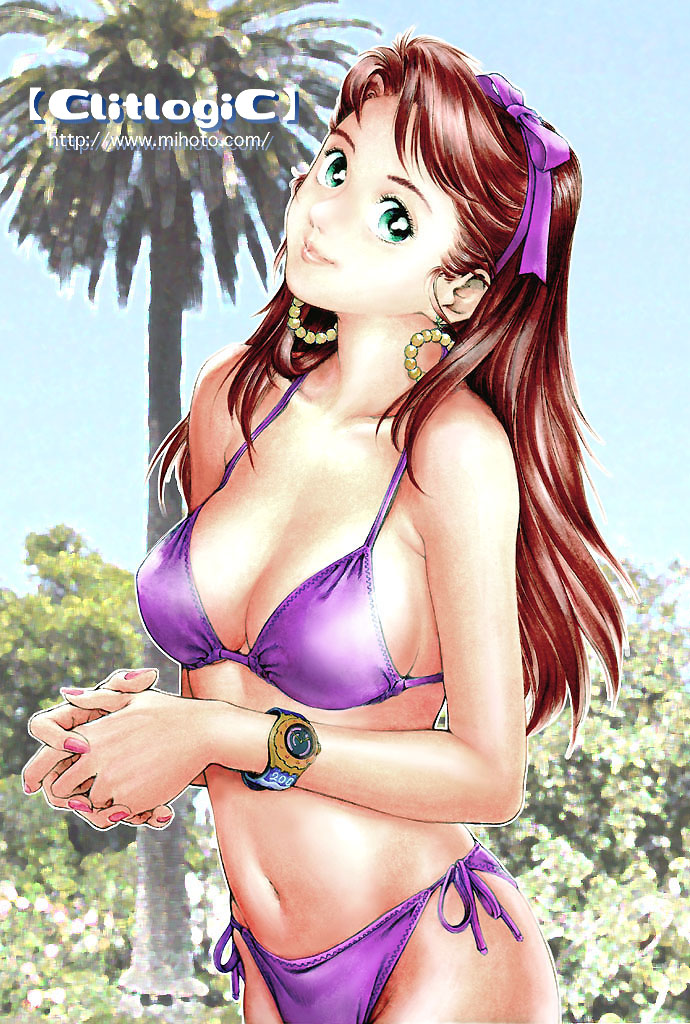 clitlogic, mihoto kouji, non-web source, 1girl, bikini, breasts, brown hair, day, earrings, female focus, green eyes, jewelry, large breasts, long hair, looking at viewer, outdoors, purple bikini, ribbon, solo, swimsuit, watch, wristwatch