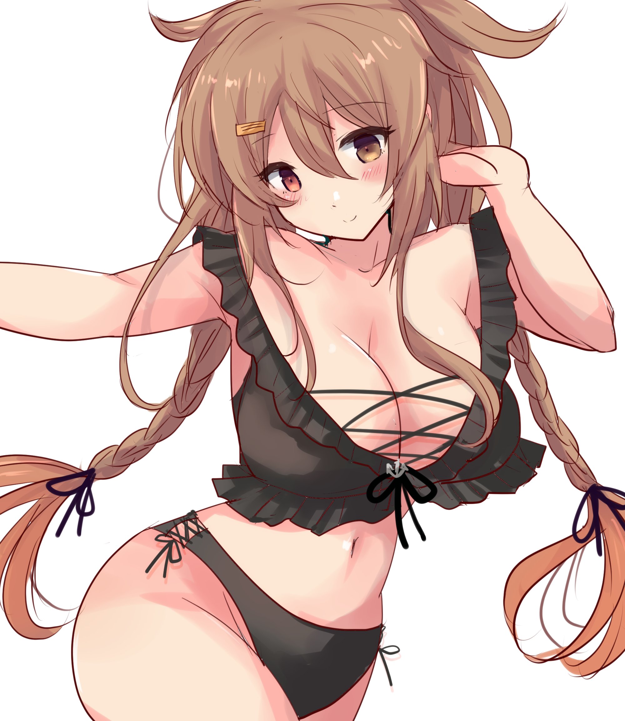 hirune (konekonelkk), murasame (kancolle), murasame kai ni (kancolle), naganami (kancolle), naganami kai ni (kancolle), kantai collection, commentary request, highres, 1girl, bikini, black bikini, braid, breasts, brown eyes, brown hair, cosplay, cowboy shot, criss-cross straps, frilled bikini, frills, hair flaps, heterochromia, large breasts, long hair, low twin braids, naganami (kancolle) (cosplay), naganami kai ni (kancolle) (cosplay), naganami kai ni (swimsuit) (kancolle), red eyes, side-tie bikini bottom, simple background, solo, swimsuit, twin braids, two side up, white background