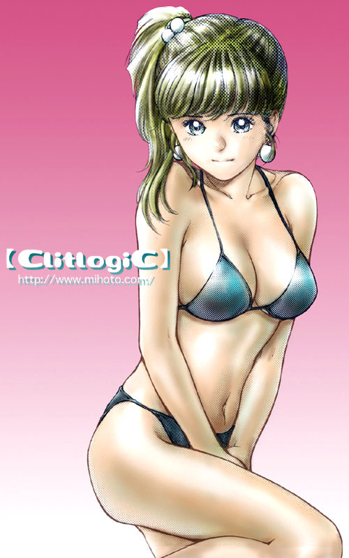 clitlogic, mihoto kouji, 1girl, bikini, breasts, earrings, female focus, gradient background, jewelry, solo, swimsuit, white background