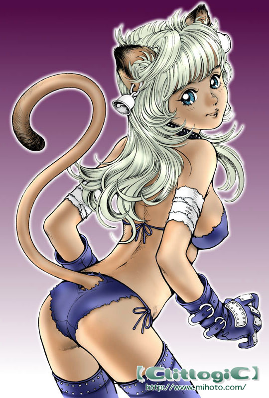 clitlogic, mihoto kouji, animal ears, bell, bell earrings, bikini, blue bikini, cat ears, cat tail, cowboy shot, dark skin, earrings, gloves, gradient background, jewelry, outline, side-tie bikini bottom, solo, swimsuit, tail, thighhighs, watermark, web address