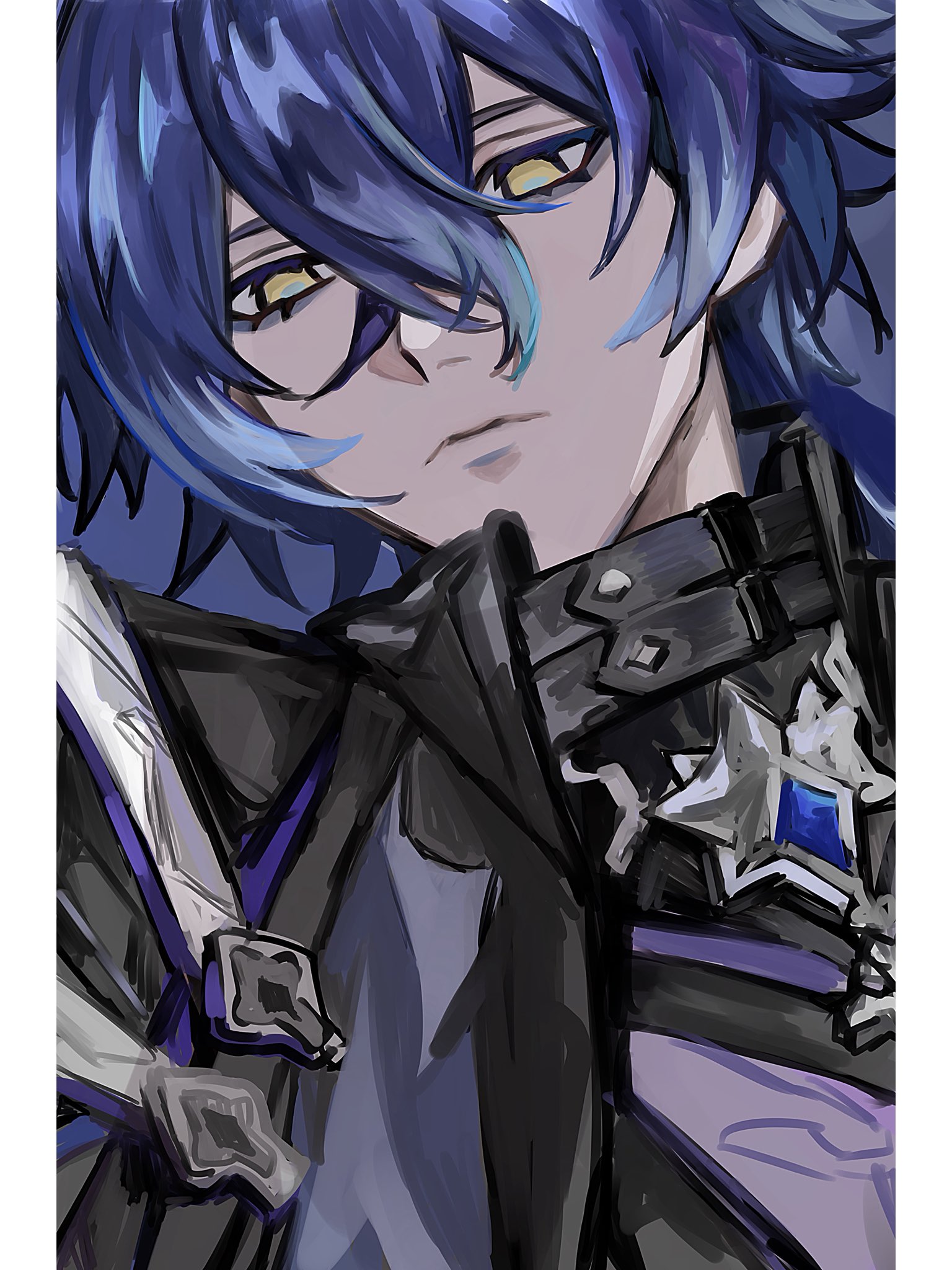 mnm g f, flins (genshin impact), genshin impact, highres, 1boy, blue background, blue hair, closed mouth, hair between eyes, looking at viewer, male focus, multicolored hair, short hair, simple background, solo, upper body, yellow eyes