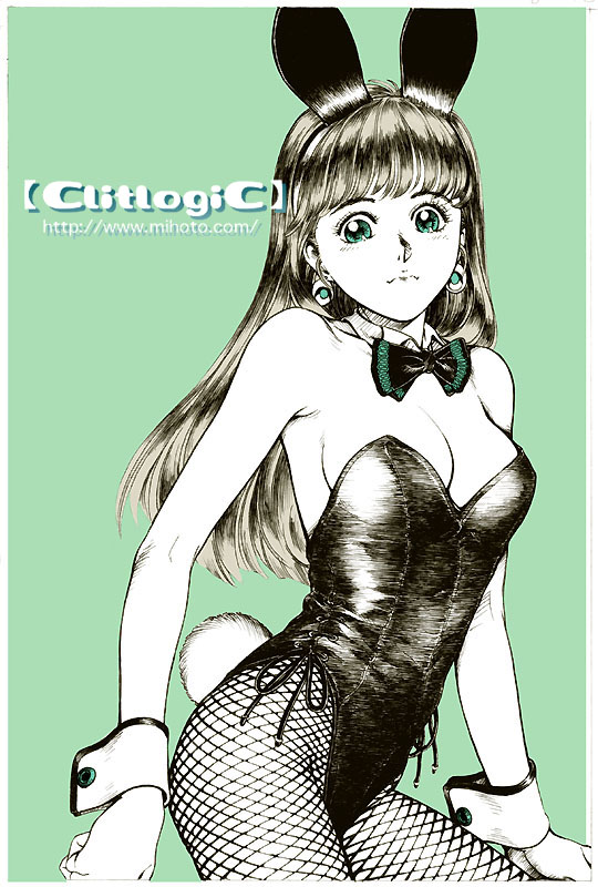 clitlogic, mihoto kouji, non-web source, 1girl, animal ears, bow, bowtie, cowboy shot, earrings, fake animal ears, female focus, fishnet pantyhose, fishnets, green theme, jewelry, leotard, long hair, monochrome, pantyhose, pinup (style), playboy bunny, rabbit, rabbit ears, solo