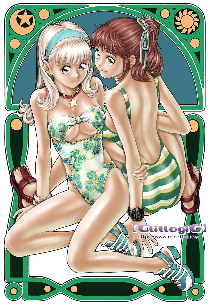 clitlogic, mihoto kouji, striped, non-web source, 2girls, blonde hair, brown eyes, brown hair, cleavage cutout, clothing cutout, collar, green eyes, hairband, long hair, looking back, multiple girls, one-piece swimsuit, sandals, short hair, swimsuit