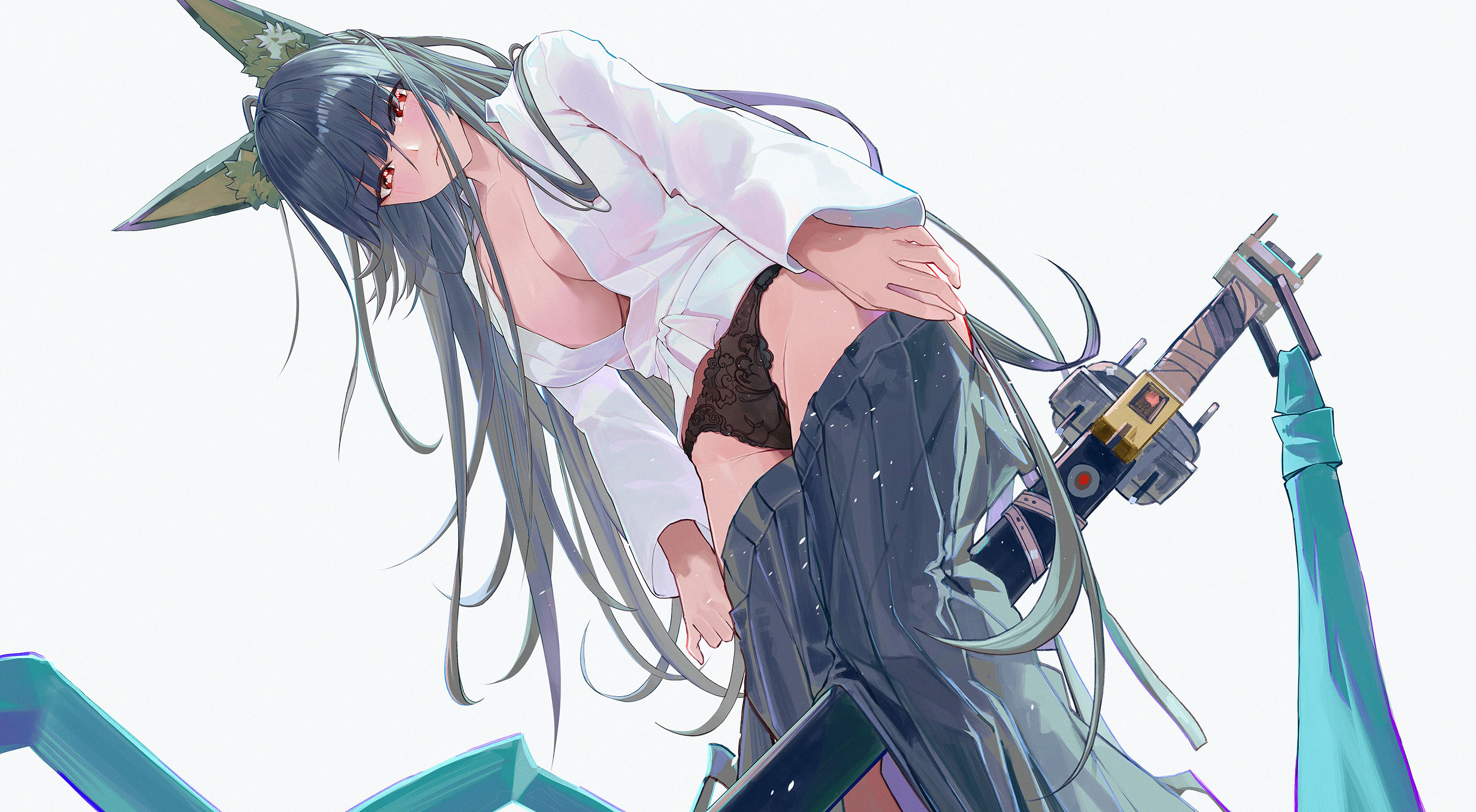 luirck, hoshimi miyabi, zenless zone zero, highres, 1girl, animal ear fluff, animal ears, black hair, black panties, black skirt, breasts, cleavage, closed mouth, collared shirt, fox ears, fox girl, frown, katana, large breasts, long hair, long sleeves, panties, partially unbuttoned, red eyes, sheath, sheathed, shirt, skirt, solo, sword, underwear, undressing, weapon, white shirt
