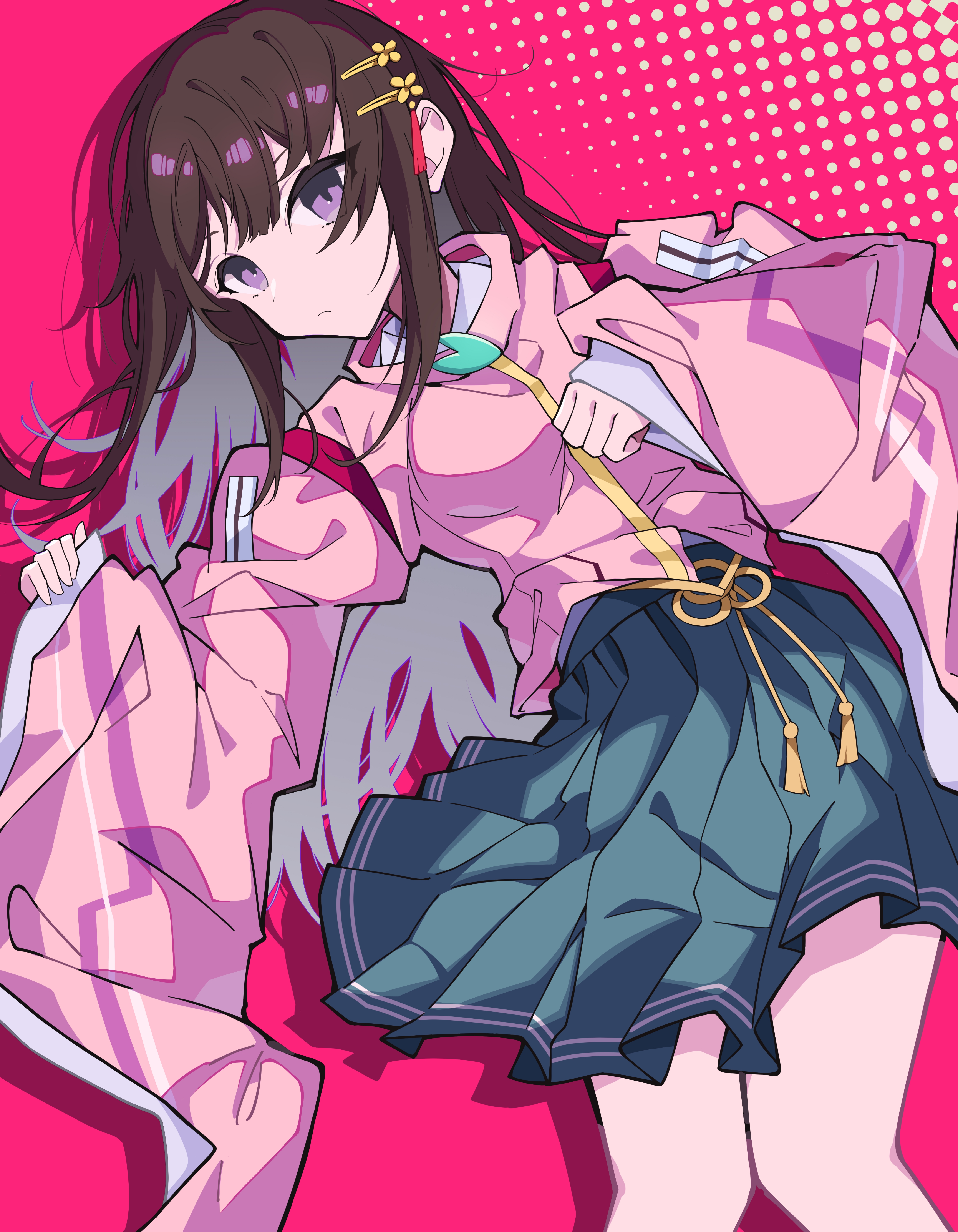 nikaidou misato, heaven burns red, absurdres, highres, 1girl, black hair, hair ornament, long hair, long sleeves, pleated skirt, purple eyes, red background, sidelocks, skirt, solo, tassel, tassel hair ornament, wide sleeves, wobusilengna
