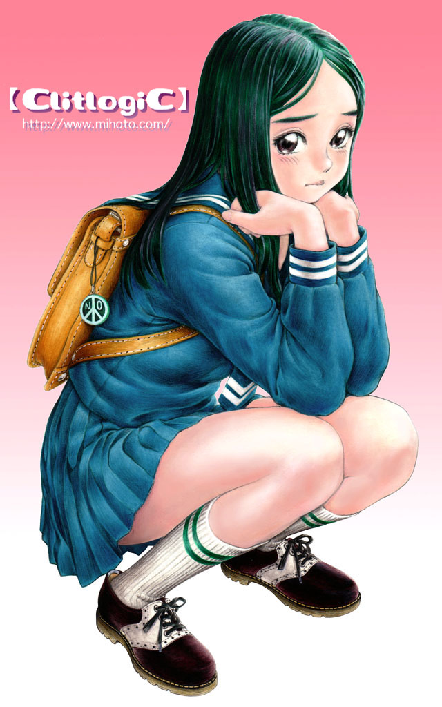 clitlogic, mihoto kouji, bag, child, full body, gradient background, green hair, hand on own chin, pinup (style), school uniform, serafuku, solo, swept bangs, watermark, web address