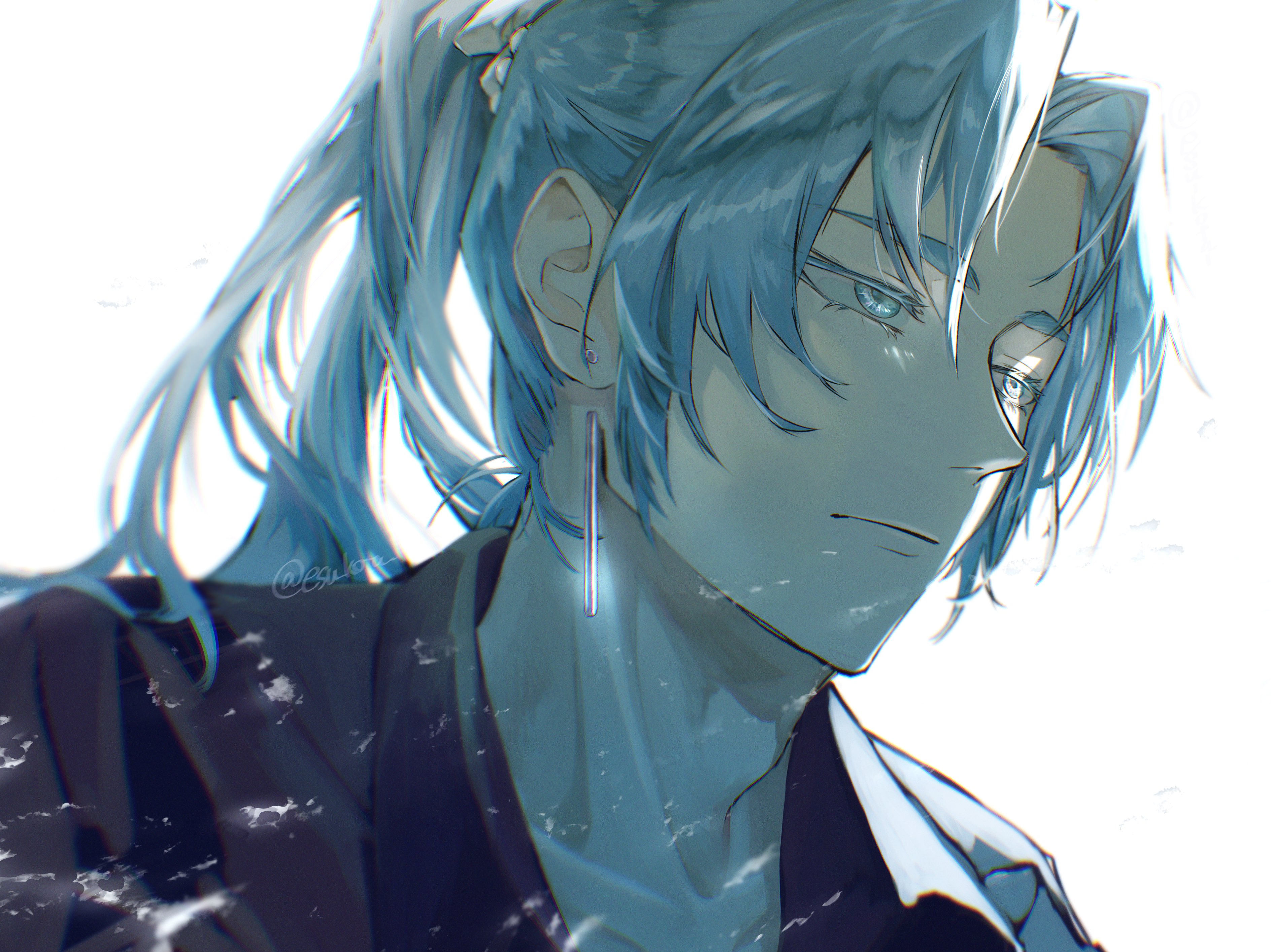 esu kota, khun edhuan, tower of god, absurdres, commentary, commentary request, highres, 1boy, artist name, black shirt, blue eyes, blue hair, collarbone, collared shirt, earrings, jewelry, long hair, looking ahead, pale skin, parted bangs, ponytail, shirt, sidelocks, signature, solo, twitter username, white background