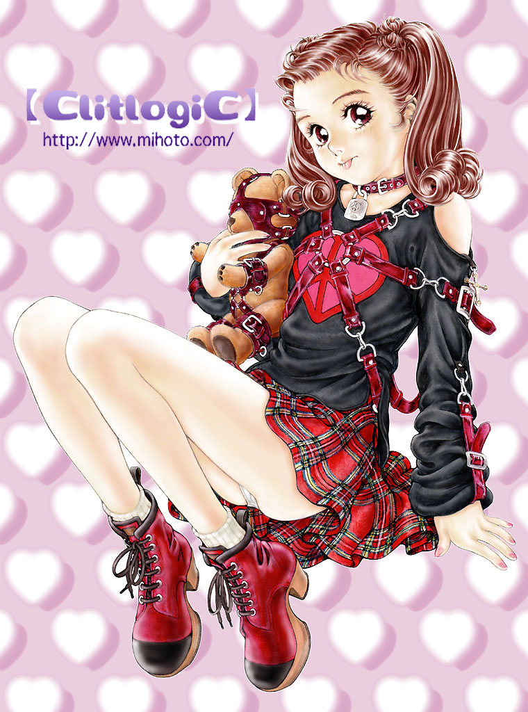 clitlogic, mihoto kouji, 1girl, bdsm, bondage, bound, brown hair, clothing cutout, full body, harness, loli, mall goth, panties, pinup (style), plaid clothes, plaid skirt, shoes, shoulder cutout, skirt, solo, solo focus, stuffed animal, stuffed toy, teddy bear, underwear, watermark, web address