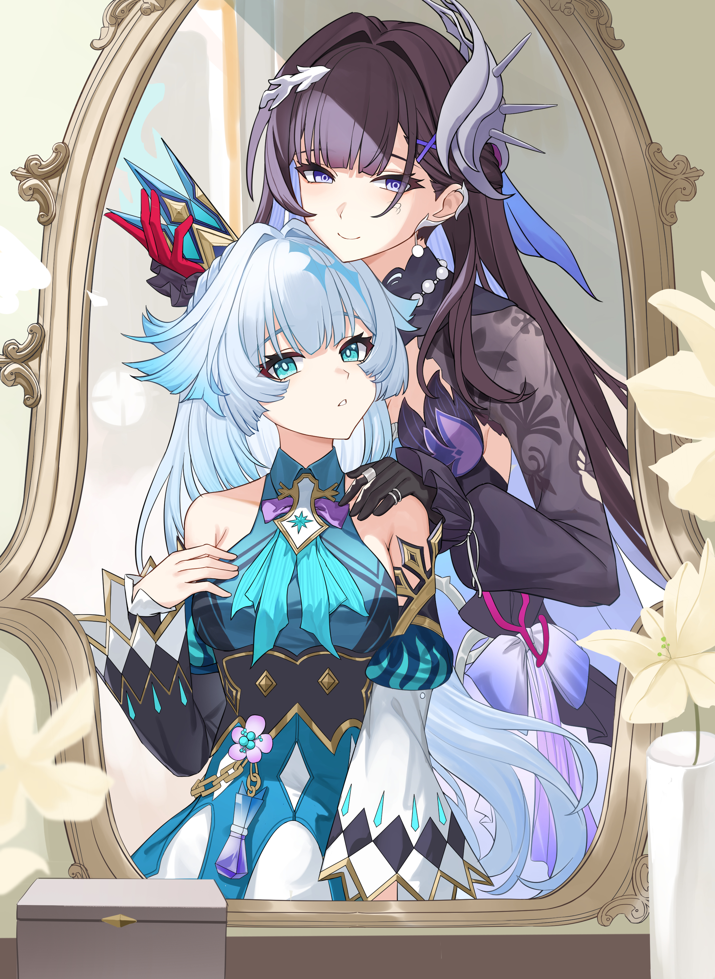 lao xi, cerydra (honkai: star rail), hysilens (honkai: star rail), honkai: star rail, honkai (series), absurdres, highres, 2girls, asymmetrical gloves, bare shoulders, black gloves, black hair, blue dress, blue eyes, blue hair, breasts, crown, detached sleeves, dress, gloves, hair intakes, hand on another's shoulder, indoors, long hair, medium breasts, mirror, mismatched gloves, multiple girls, red gloves, shrug (clothing), smile, very long hair