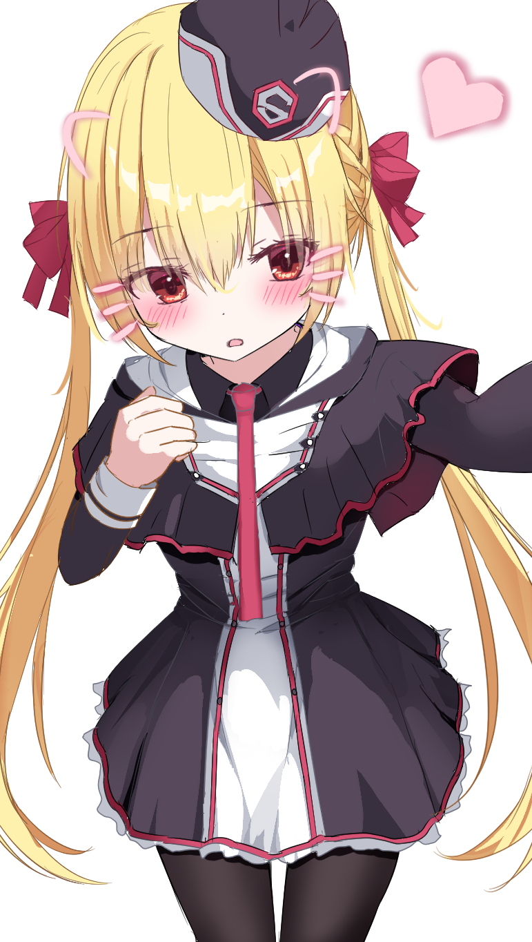 arihara nanami, riddle joker, commentary request, highres, 1girl, black capelet, black dress, black hat, black pantyhose, blonde hair, blush, bow, capelet, clenched hand, colored eyelashes, cowboy shot, dress, eyelashes, eyes visible through hair, frilled dress, frills, garrison cap, hair between eyes, hair bow, hands up, hat, heart, ku henbau1, long hair, long sleeves, looking at viewer, low twintails, necktie, open mouth, pantyhose, red bow, red eyes, red necktie, selfie, short dress, simple background, solo, straight hair, twintails, very long hair, white background