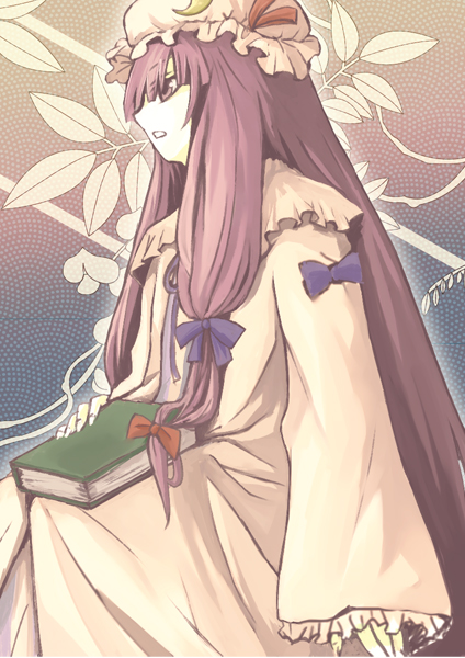 hissatsu denden, patchouli knowledge, touhou, bad id, bad pixiv id, 1girl, book, bow, dress, female focus, gradient background, hat, lingerie, long hair, nightgown, plant, purple eyes, purple hair, ribbon, solo, underwear