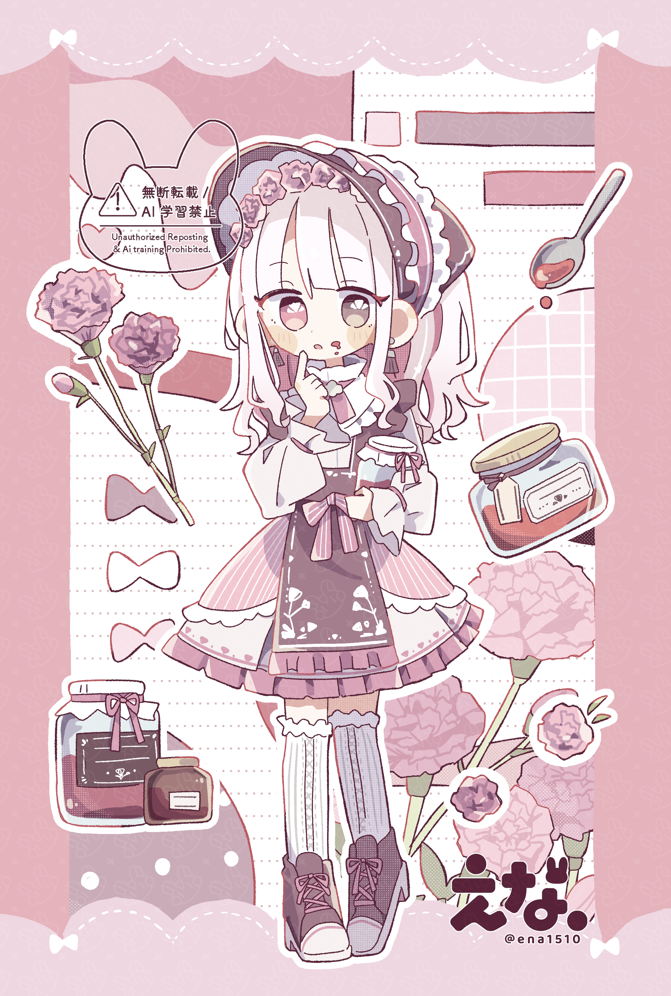 ena 1510, original, absurdres, commentary, english commentary, engrish commentary, highres, 1girl, apron, artist name, blunt bangs, blush stickers, bonnet, brown apron, brown eyes, brown shoes, colored inner hair, crumbs, flower, frilled skirt, frills, full body, hand up, heterochromia, holding, holding jar, jar, long hair, long sleeves, looking at viewer, multicolored hair, neck ribbon, open mouth, outline, pink bonnet, pink eyes, pink flower, pink hair, pink ribbon, pink skirt, pink theme, ribbon, shirt, shoes, skirt, sneakers, solo, spoon, standing, thighhighs, twitter username, watermark, white background, white hair, white outline, white shirt, white thighhighs, zettai ryouiki