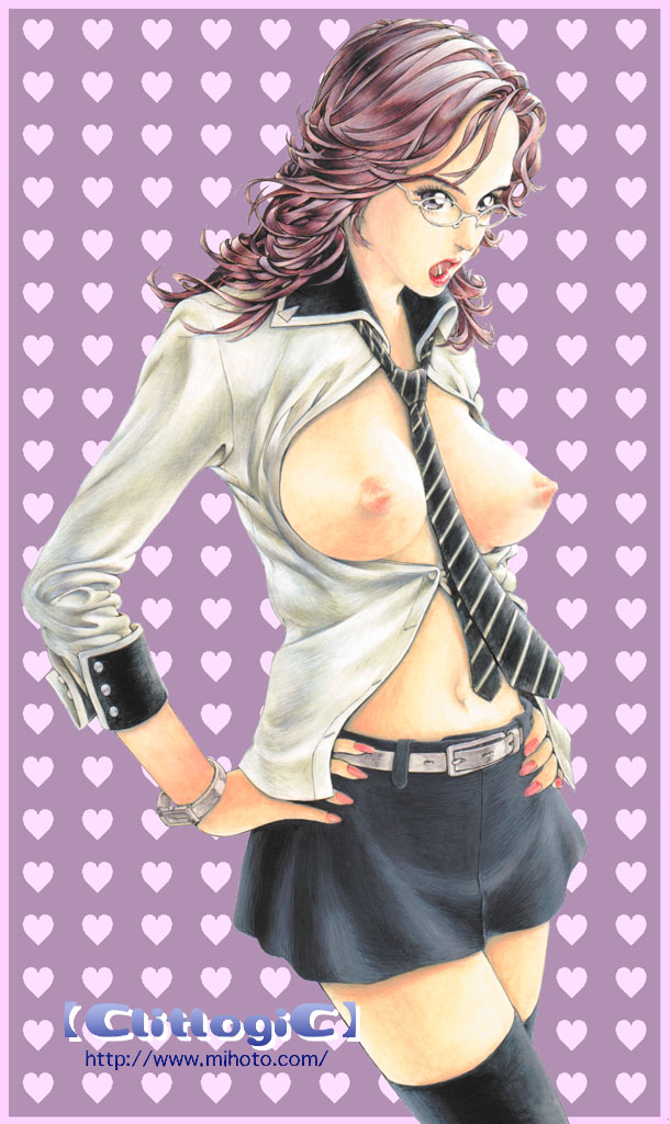 clitlogic, mihoto kouji, 1girl, between breasts, border, breasts, breasts out, copyright name, female focus, glasses, hands on own hips, heart, heart background, large breasts, lipstick, long hair, makeup, microskirt, miniskirt, nail polish, necktie, necktie between breasts, nipples, no bra, open clothes, open shirt, red lips, shirt, skirt, solo, thighhighs, watermark, web address, zettai ryouiki
