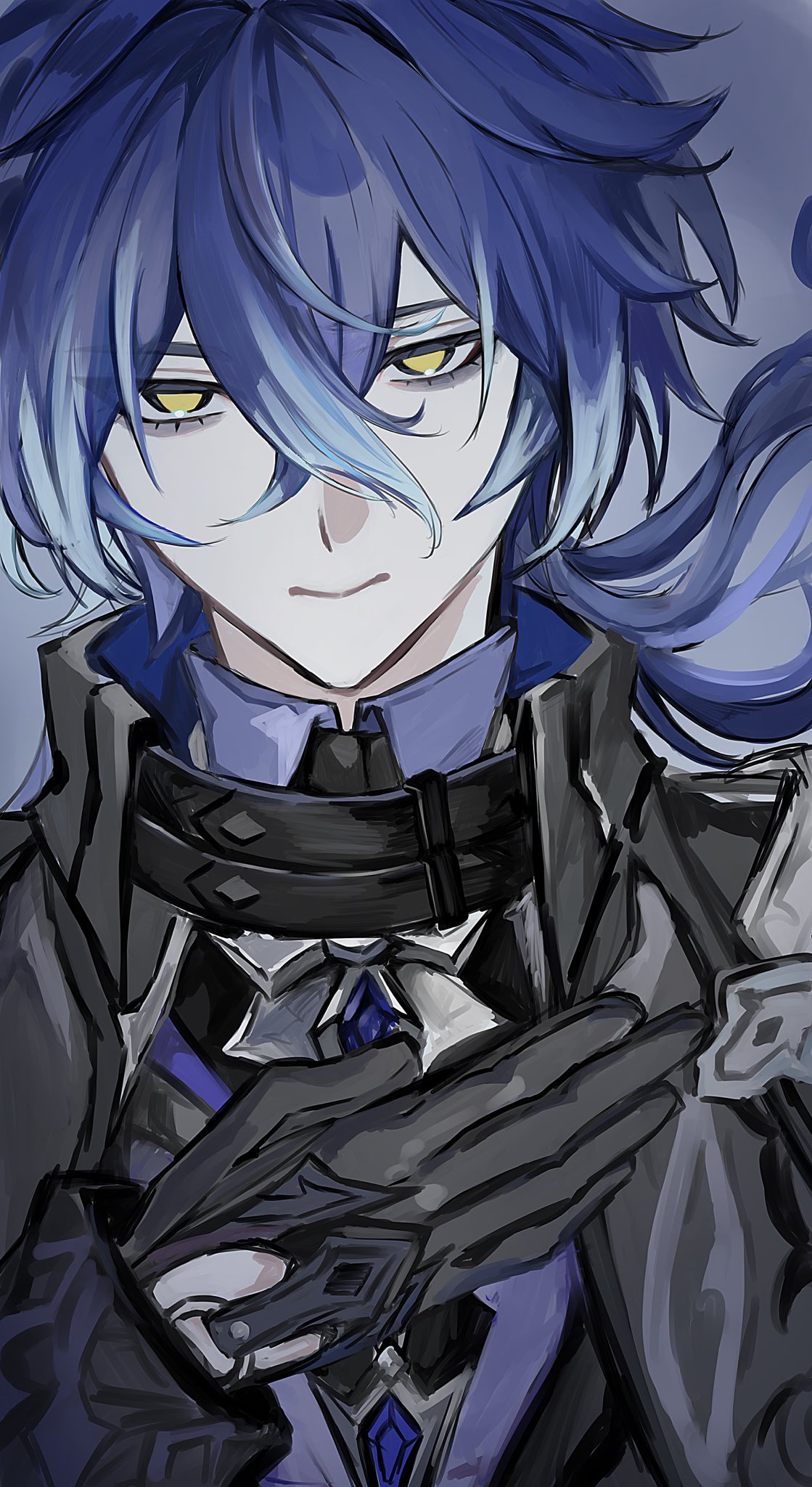 mnm g f, flins (genshin impact), genshin impact, highres, 1boy, black gloves, black jacket, blue hair, closed mouth, gloves, grey background, hair between eyes, hand on own chest, jacket, long hair, long sleeves, looking at viewer, male focus, multicolored hair, shirt, simple background, solo, upper body, yellow eyes