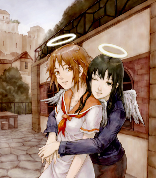 sasagawa (haikaiki), rakka (haibane), reki (haibane), haibane renmei, 00s, 2girls, angel wings, black hair, brown hair, friends, halo, hug, hug from behind, messy hair, multiple girls, one eye closed, sailor collar, school uniform, serafuku, smile, traditional halo, wings, wink