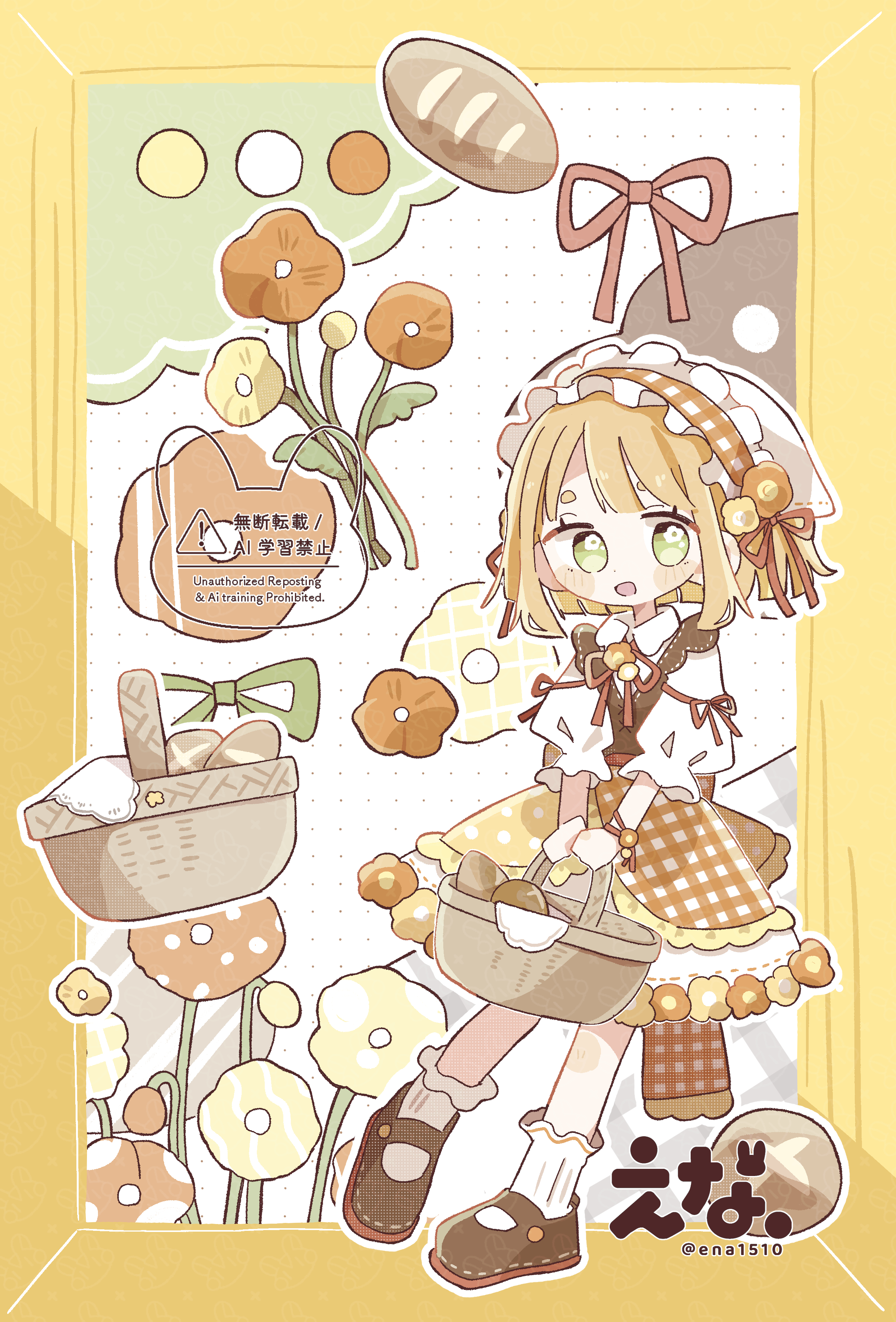 ena 1510, original, absurdres, commentary, english commentary, engrish commentary, highres, 1girl, :d, artist name, baguette, basket, blonde hair, blush stickers, border, bread, brown shoes, collared shirt, flower, food, frilled hairband, frills, full body, green eyes, hairband, headscarf, holding, holding basket, long sleeves, looking at viewer, neck ribbon, open mouth, orange flower, orange hairband, orange skirt, outside border, plaid clothes, plaid hairband, plaid skirt, red ribbon, ribbon, shirt, shoes, short hair, skirt, smile, socks, solo, standing, thick eyebrows, twitter username, watermark, white background, white headscarf, white shirt, white socks, yellow border, yellow flower