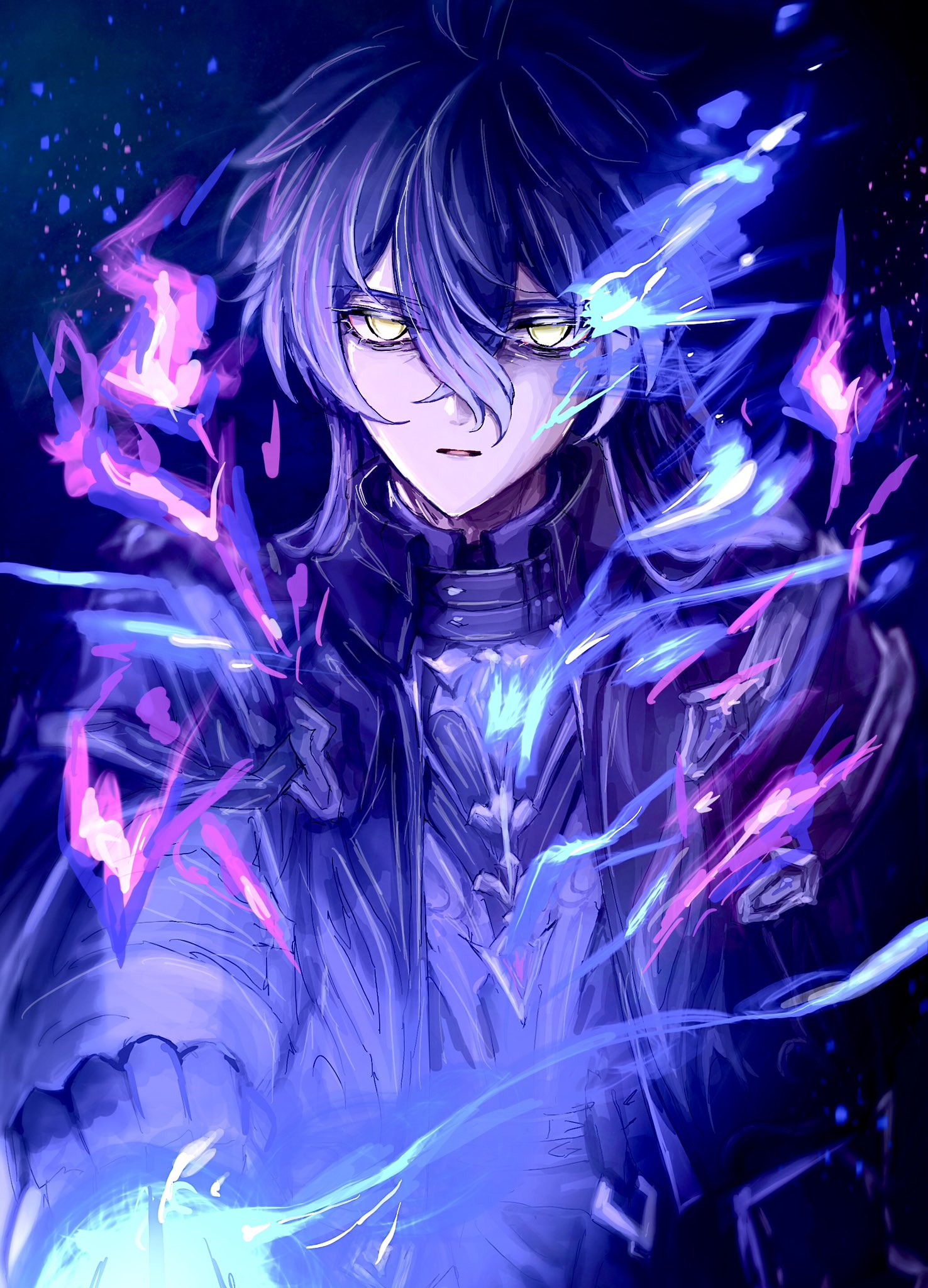 papi 230, flins (genshin impact), genshin impact, highres, 1boy, black jacket, blue fire, blue hair, crossed bangs, fire, gloves, glowing, hair between eyes, holding, jacket, long hair, long sleeves, looking at viewer, male focus, parted lips, purple fire, purple hair, shirt, solo, upper body, yellow eyes