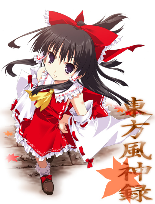 yamano sachi, hakurei reimu, mountain of faith, touhou, 1girl, autumn leaves, bobby socks, bow, brown eyes, brown hair, detached sleeves, falling leaves, faux figurine, female focus, from above, full body, hands on own hips, leaf, long sleeves, looking at viewer, looking up, ponytail, red bow, ribbon-trimmed sleeves, ribbon trim, shoes, sidelocks, simple background, socks, solo, vest, white background, white socks