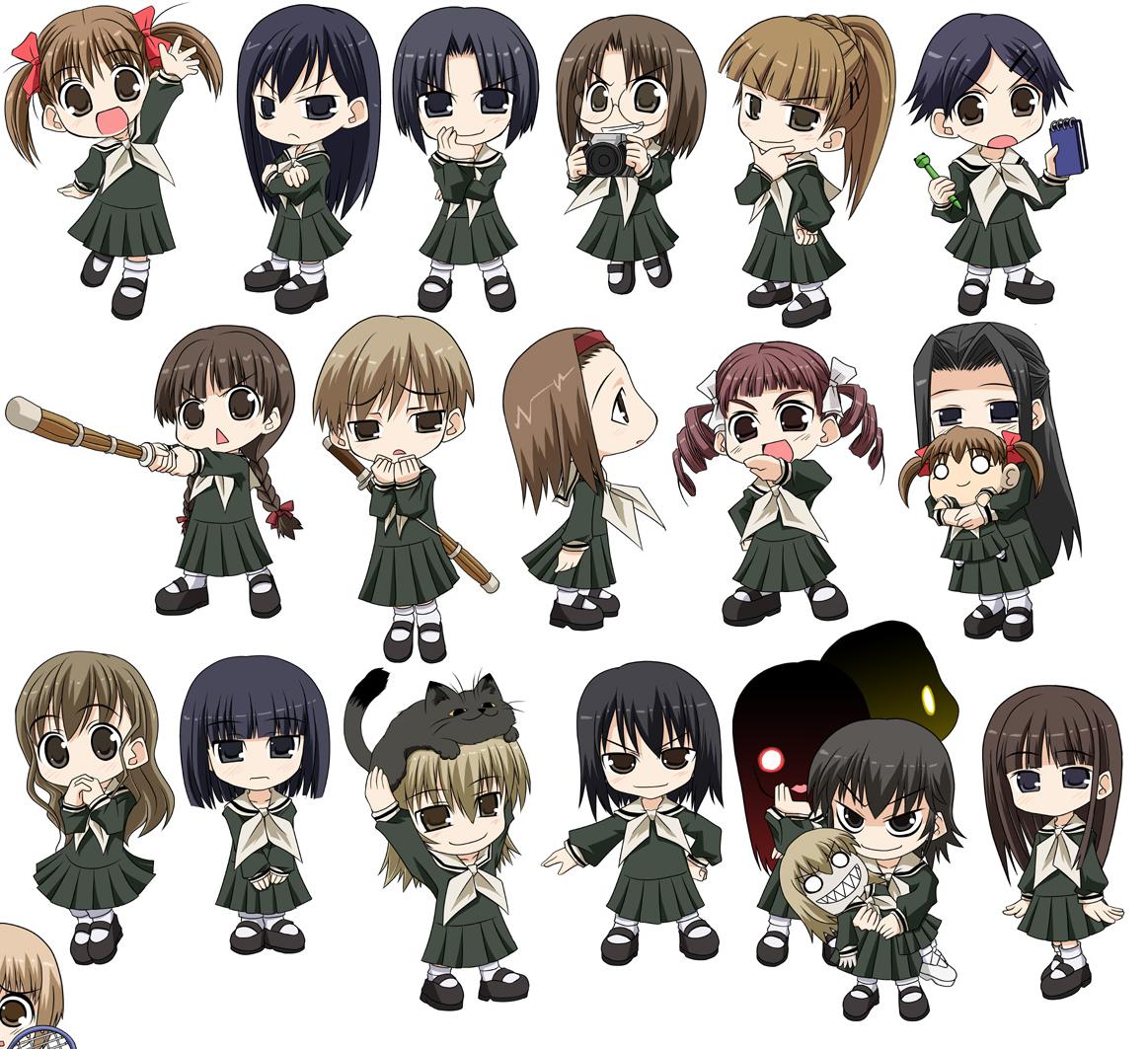 fukuzawa yumi, goronta, hasekura rei, hosokawa kanako, kanina shizuka, katsura, katsura (marimite), kubo shiori, matsudaira touko, mizuno youko, nijou noriko, ogasawara sachiko, satou sei, shimazu yoshino, takeshima tsutako, torii eriko, toudou shimako, tsukiyama minako, yamaguchi mami, maria-sama ga miteru, jpeg artifacts, 00s, 6+girls, blonde hair, chibi, everyone, half updo, multiple girls, school uniform, serafuku, shinai, sword, weapon