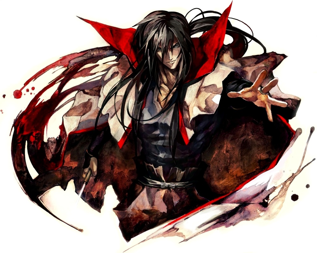 banpai akira, hiko seijuurou, rurouni kenshin, 1boy, black hair, cape, jewelry, katana, long hair, male focus, manly, ring, shirasaya, solo, sword, weapon
