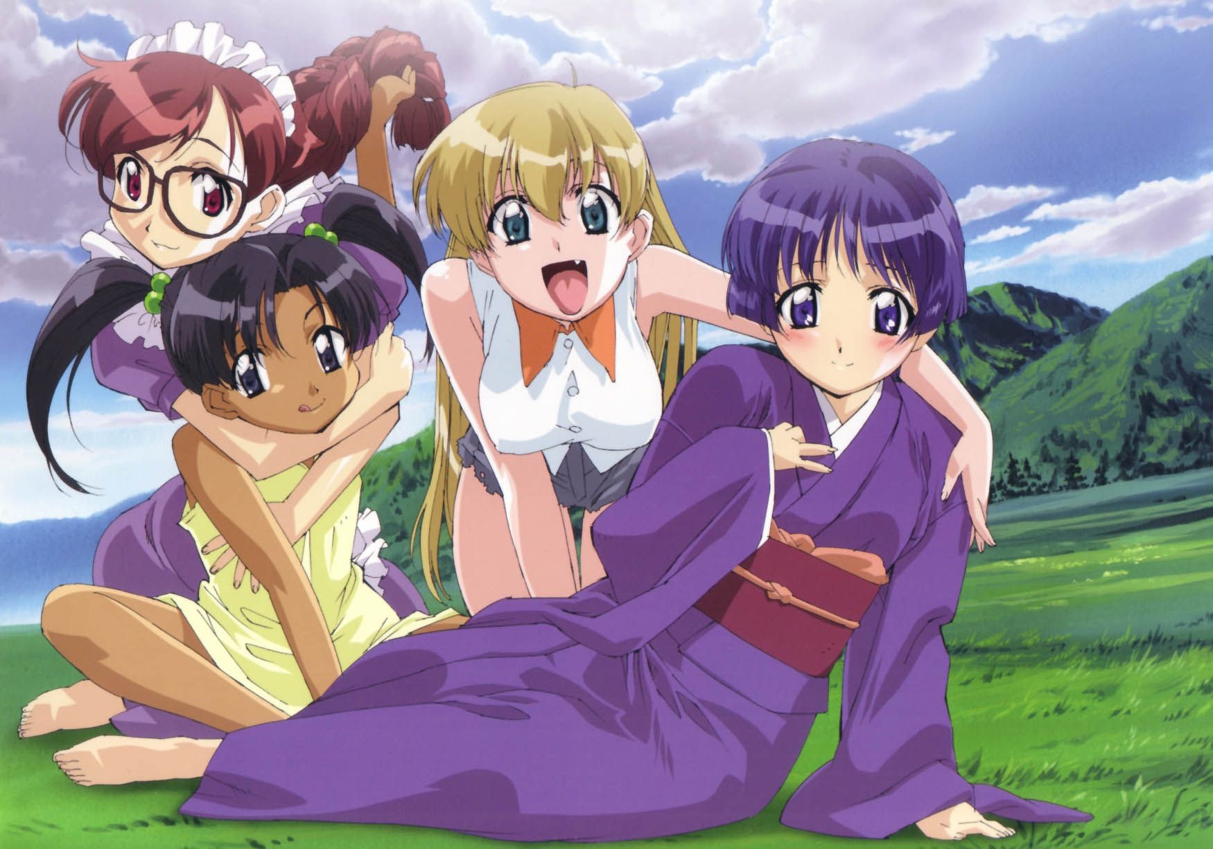 fumizuki kou, minazuki chika, minazuki taeko, sakuraba aoi, tina foster, ai yori aoshi, highres, official art, official wallpaper, 4girls, :q, barefoot, blush, cloud, dark-skinned female, dark skin, day, fang, feet, glasses, grass, hug, japanese clothes, kimono, maid, multiple girls, nature, outdoors, sky, tongue, tongue out, tree