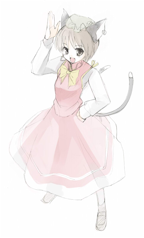 seo tatsuya, chen, touhou, 1girl, animal ears, brown eyes, brown hair, cat ears, cat girl, cat tail, dress, earrings, fang, female focus, hat, jewelry, multiple tails, ribbon, short hair, solo, tail
