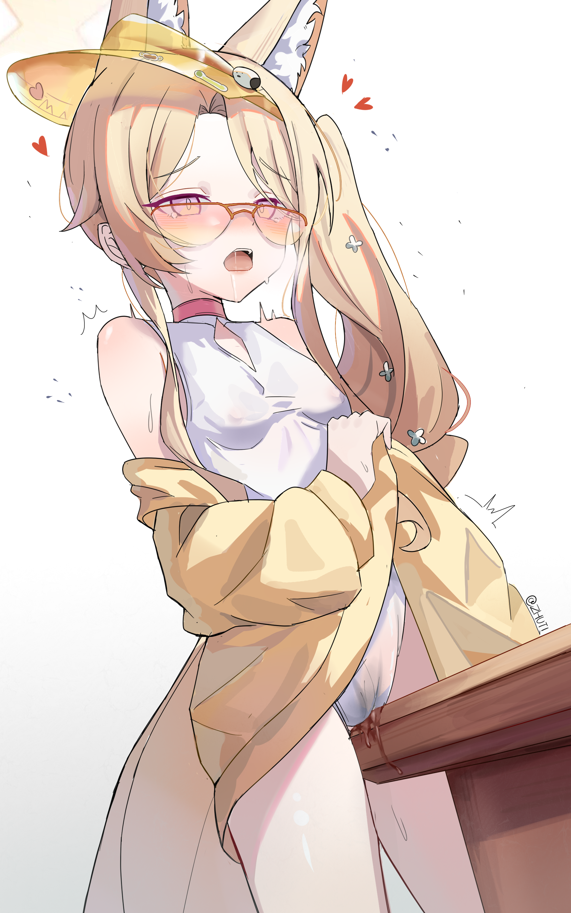 wrnmsb, seia (blue archive), seia (swimsuit) (blue archive), tanezaki atsumi, blue archive, sanoba witch, absurdres, chinese commentary, commentary, highres, 1girl, ^^^, animal ear fluff, animal ears, aroused, bare shoulders, blonde hair, blush, breasts, bright pupils, cameltoe, covered erect nipples, cowboy shot, crotch rub, diamond cutout, drooling, dutch angle, extra ears, female masturbation, forehead, fox ears, fox girl, furrowed brow, heart, jacket, long hair, masturbation, mouth drool, official alternate costume, official alternate hairstyle, one-piece swimsuit, open clothes, open jacket, open mouth, orange-tinted eyewear, parody, parted bangs, penis, pink eyes, pussy juice, scene reference, side ponytail, sidelocks, simple background, small breasts, solo, swimsuit, table humping, tears, teeth, tinted eyewear, twitching, twitter username, upper teeth only, visor cap, voice actor connection, white background, white one-piece swimsuit, white pupils, yellow jacket
