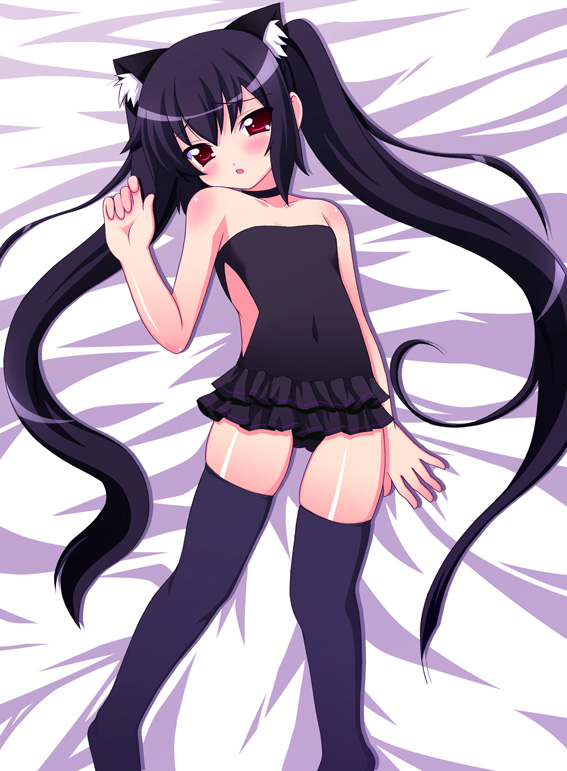 chirorian, kooh (pangya), pangya, frilled swimsuit, 1girl, :o, animal ears, bare shoulders, bed sheet, black hair, blush, casual one-piece swimsuit, cat ears, choker, female focus, frills, long hair, navel, one-piece swimsuit, red eyes, sidelocks, solo, swimsuit, thighhighs, twintails, very long hair