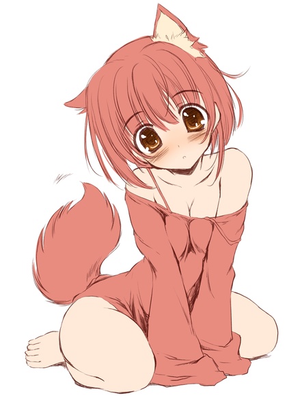 kikurage (plastic people), original, 1girl, animal ears, arm support, bare shoulders, blush, bottomless, brown eyes, cat ears, cat tail, dog ears, female focus, head tilt, kneeling, long sleeves, looking at viewer, monochrome, red hair, red theme, short hair, simple background, sitting, sleeves past wrists, solo, staring, strap slip, tail, wariza, white background, wide-eyed