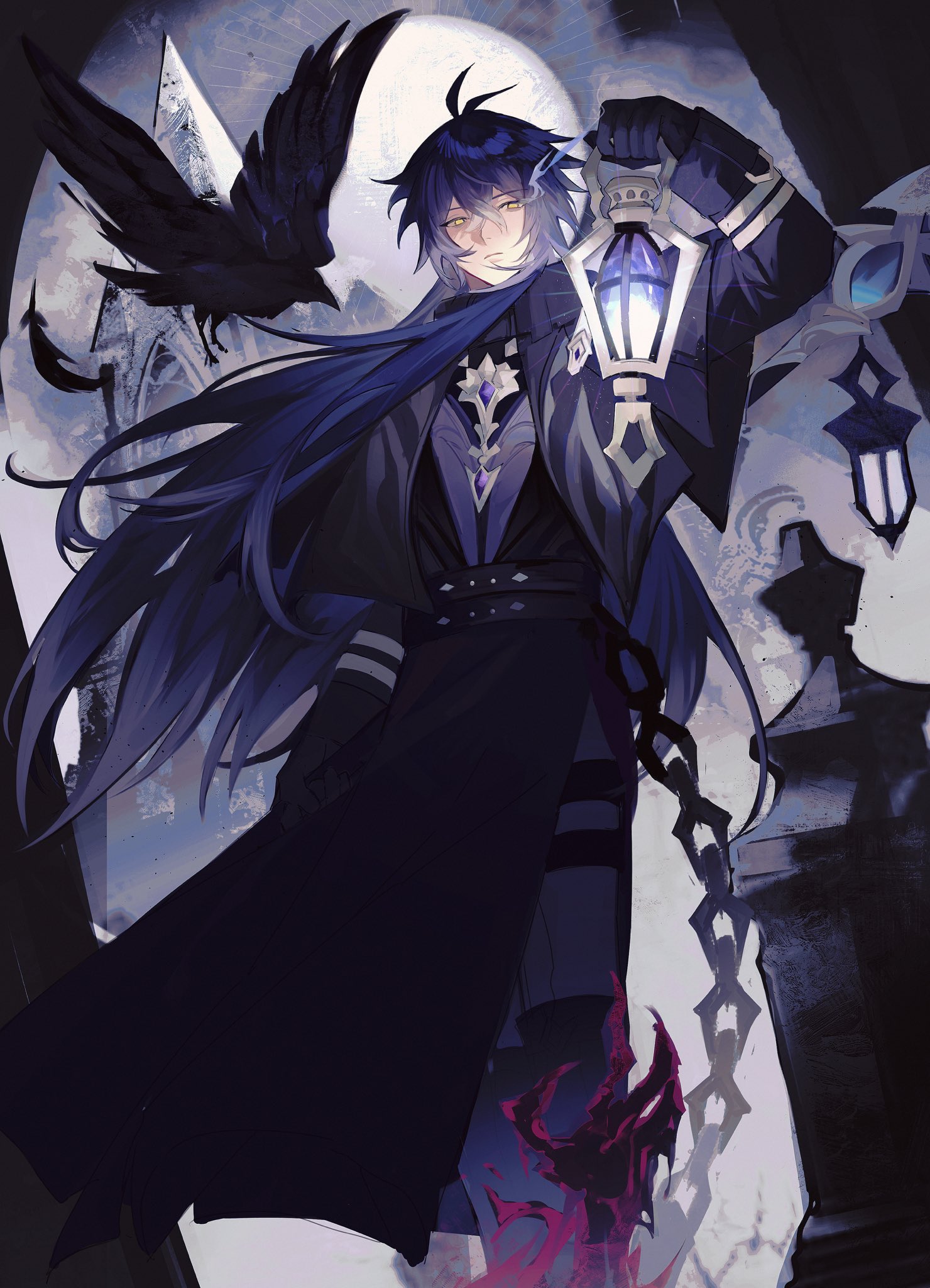 flins (genshin impact), genshin impact, highres, 1boy, belt, bird, black gloves, blue hair, boots, chain, crow, feet out of frame, gloves, hair between eyes, holding, holding lantern, kumonoda, lantern, long hair, long sleeves, looking at viewer, male focus, moon, pants, solo, standing, very long hair, yellow eyes