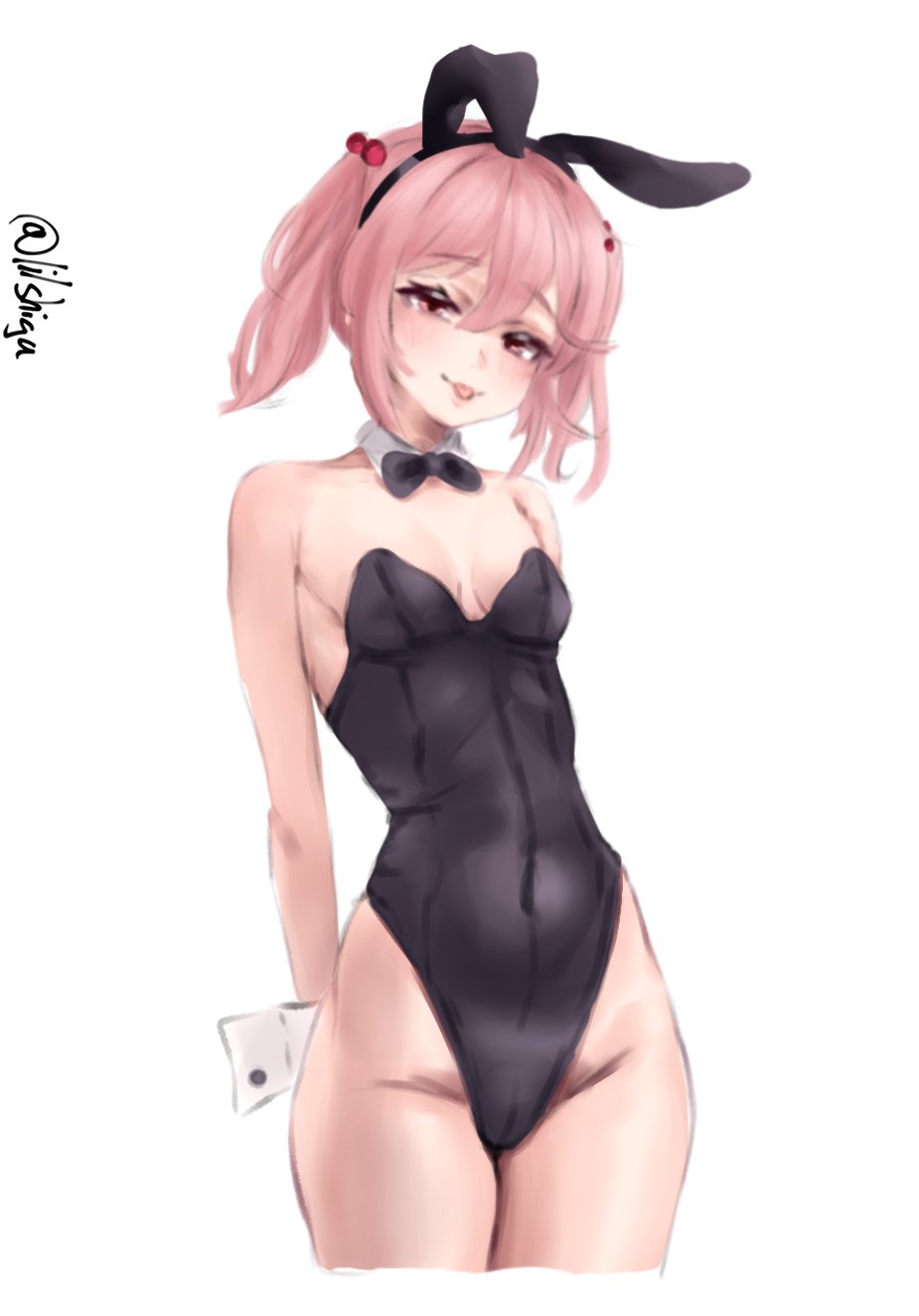 lilshigu, sazanami (kancolle), kantai collection, highres, 1girl, animal ear hairband, animal ears, bare legs, black bow, black bowtie, black leotard, bow, bowtie, covered navel, detached collar, fake animal ears, hair bobbles, hair ornament, hairband, highleg, highleg leotard, leotard, lips, one-hour drawing challenge, pink hair, playboy bunny, rabbit ears, red eyes, short hair, simple background, smile, solo, standing, strapless, strapless leotard, twitter username, white background, wrist cuffs