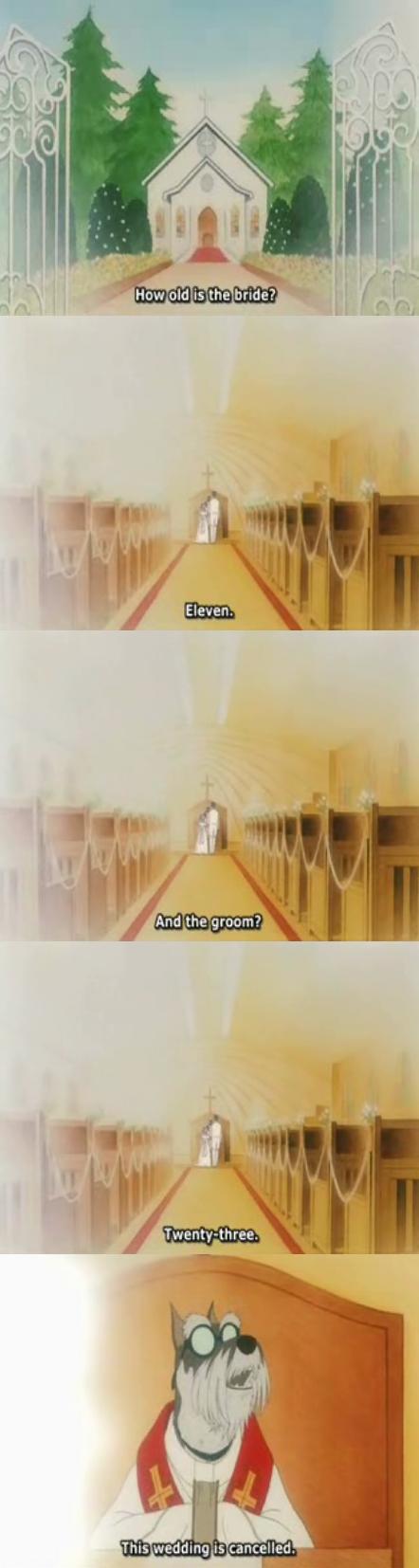 junkers, junkers come here, anime screenshot, highres, long image, tall image, 1990s (style), 1boy, 1girl, animal, church, cross, dog, glasses, pew, priest, retro artstyle, subtitled, tree, wedding, what