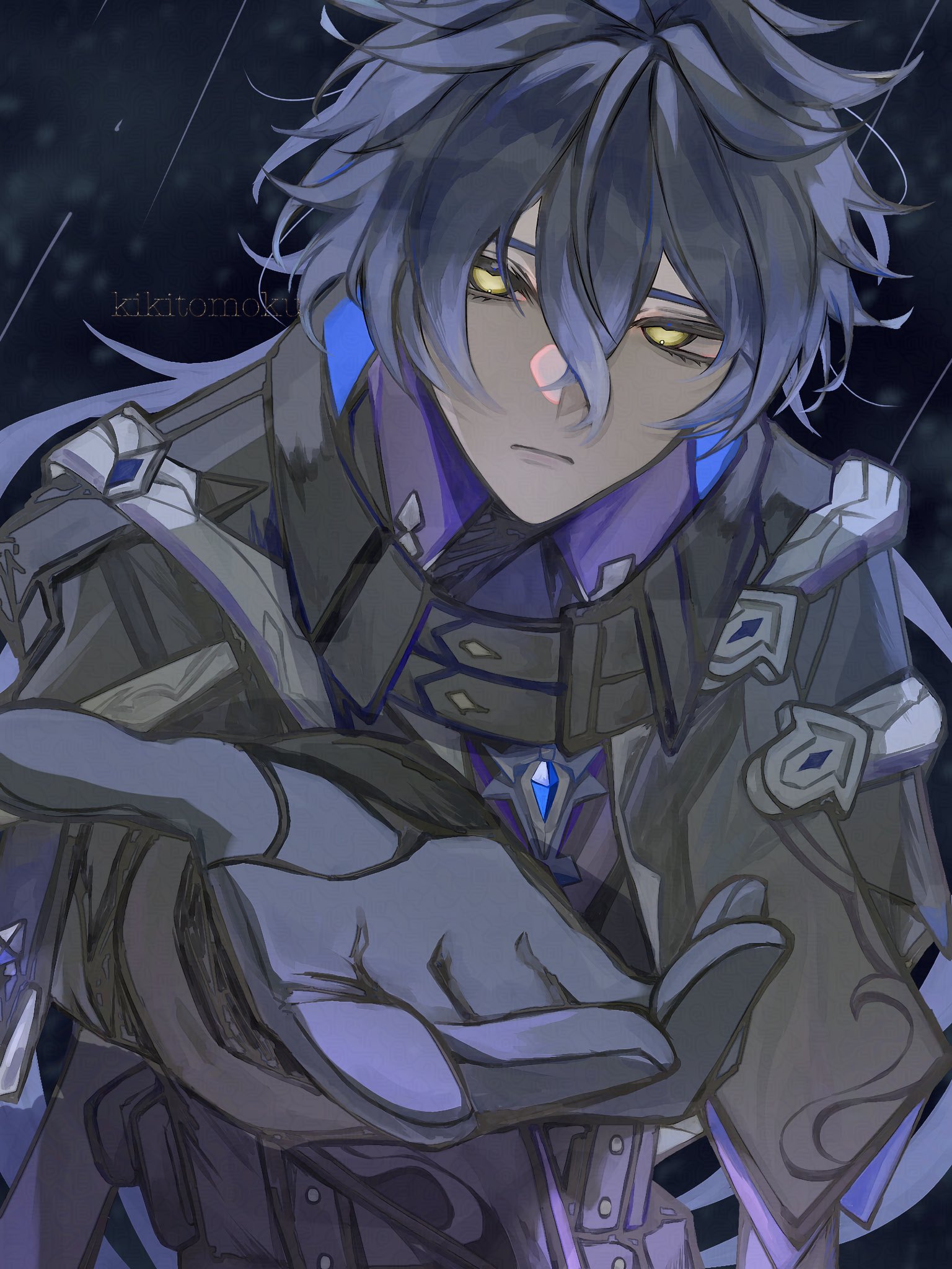 kigi (kikitomoku), flins (genshin impact), genshin impact, highres, 1boy, black gloves, blue hair, closed mouth, gloves, hair between eyes, jacket, long hair, long sleeves, looking at viewer, male focus, rain, reaching, reaching towards viewer, shirt, solo, twitter username, upper body, yellow eyes