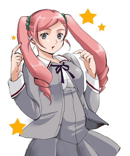 kagura mayo, my-hime, my-hime destiny, my-otome, my-otome s.ifr, bad id, bad pixiv id, lowres, 00s, 1girl, blouse, breasts, female focus, grey eyes, grey shirt, long hair, pink hair, red hair, school uniform, serafuku, shirt, simple background, solo, star (symbol), twintails, white background, white shirt
