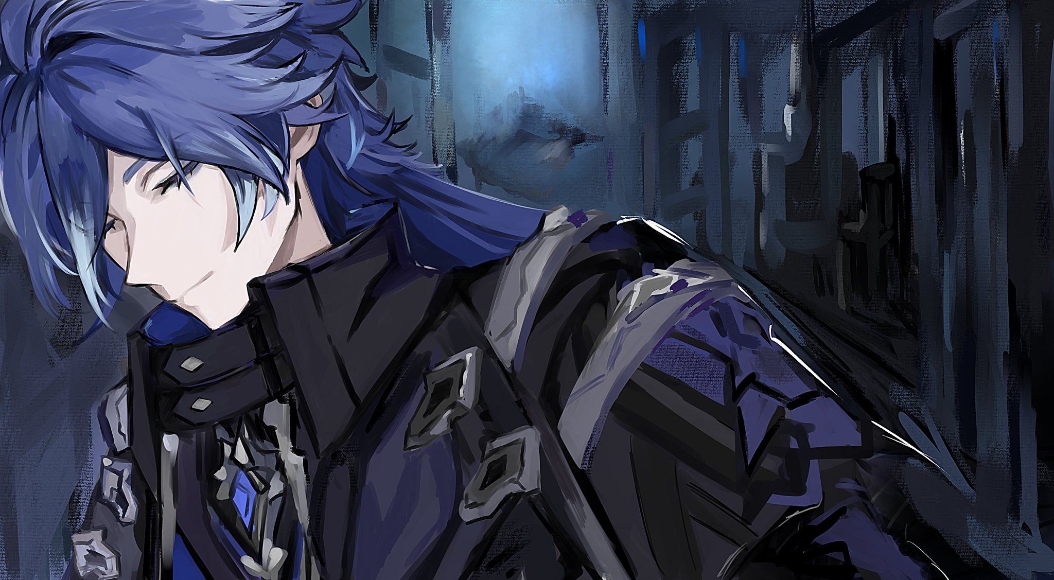 mnm g f, flins (genshin impact), genshin impact, highres, 1boy, black jacket, blue hair, closed mouth, gem, jacket, long hair, male focus, smile, solo, upper body