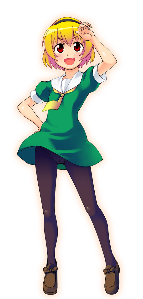 nanakorobi, houjou satoko, higurashi no naku koro ni, highres, long image, tall image, 00s, 1girl, :d, arm up, black pantyhose, blonde hair, blush, cameltoe, dress, fang, female focus, flat chest, full body, hairband, hand on own head, hand on own hip, legs apart, loafers, necktie, open mouth, panties, panties under pantyhose, pantyhose, pantyshot, red eyes, school uniform, serafuku, shoes, short dress, short hair, simple background, smile, solo, standing, underwear, upskirt, wind, wind lift