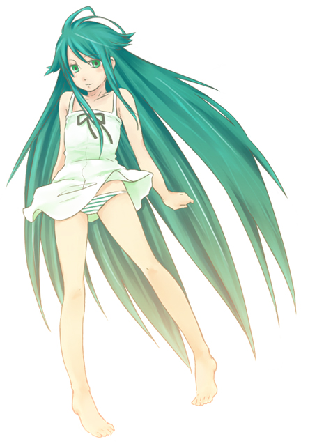 ne (duca04), saya (saya no uta), saya no uta, bad id, bad pixiv id, 1girl, barefoot, clothes lift, feet, female focus, green eyes, long hair, panties, skirt, skirt lift, solo, striped clothes, striped panties, underwear, very long hair, wind, wind lift