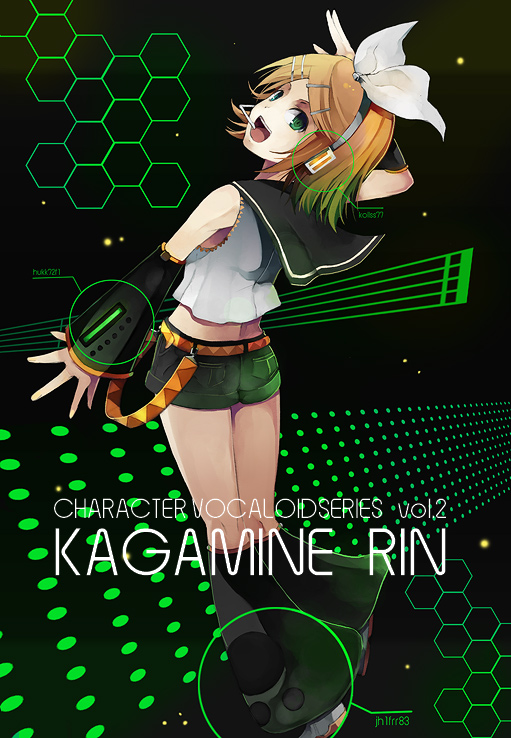 pos (shiratama-ya), kagamine rin, vocaloid, 1girl, alternate eye color, arm warmers, back, belt, black shorts, blonde hair, blouse, blue eyes, bow, cover, female focus, from behind, glowing, green eyes, hair bow, hair ornament, hairclip, headphones, hexagon, honeycomb pattern, leg warmers, looking at viewer, microphone, musical staff, ribbon, ringed eyes, sailor collar, salute, sheet music, shirt, shoes, short hair, shorts, sleeveless, solo, stats, swept bangs, tattoo, white bow, white shirt, yellow ribbon