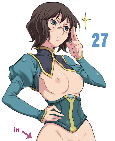 maruto!, shirin bakhtiar, gundam, gundam 00, 00s, 1girl, bottomless, breasts, corset, female focus, female pubic hair, glasses, hand on own hip, medium breasts, nipples, out-of-frame censoring, pubic hair, simple background, solo