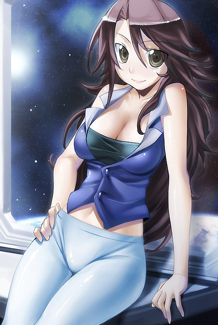 chikugen shiina, sumeragi lee noriega, gundam, gundam 00, 00s, 1girl, breasts, brown eyes, brown hair, cleavage, female focus, large breasts, long hair, solo