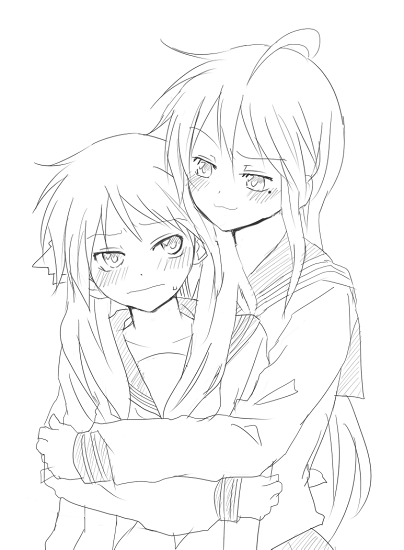 kochoko, hiiragi kagami, izumi konata, lucky star, 00s, 2girls, greyscale, hug, mole, mole under eye, monochrome, multiple girls, school uniform, serafuku, yuri