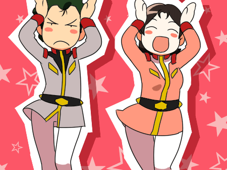 nanboku, bright noa, mirai yashima, gundam, mobile suit gundam, 1980s (style), animated, animated gif, lowres, 1boy, 1girl, black hair, brown hair, caramelldansen, happy, military, military uniform, oldschool, pantyhose, parody, retro artstyle, science fiction, serious, star (symbol), white pantyhose