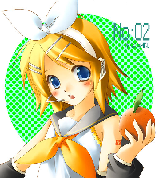 akiyama natsumi, kagamine rin, vocaloid, bad id, bad pixiv id, 1girl, blonde hair, blue eyes, blush, female focus, food, fruit, holding, holding food, holding fruit, orange (fruit), solo, tattoo